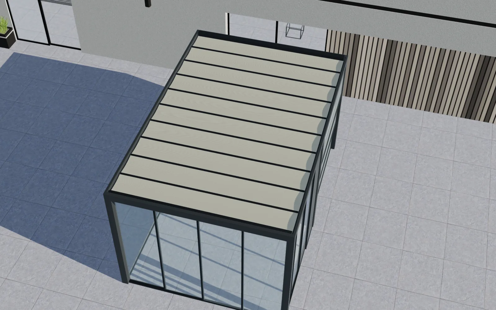 Vue 3D de dessus dans Configurix d’une pergola anthracite avec toiture fermée et parois vitrées.