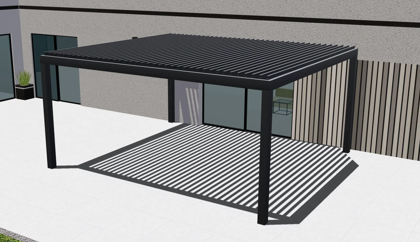 Aperçu 3D Configurix d'une pergola bioclimatique à lames aluminium ouvertes