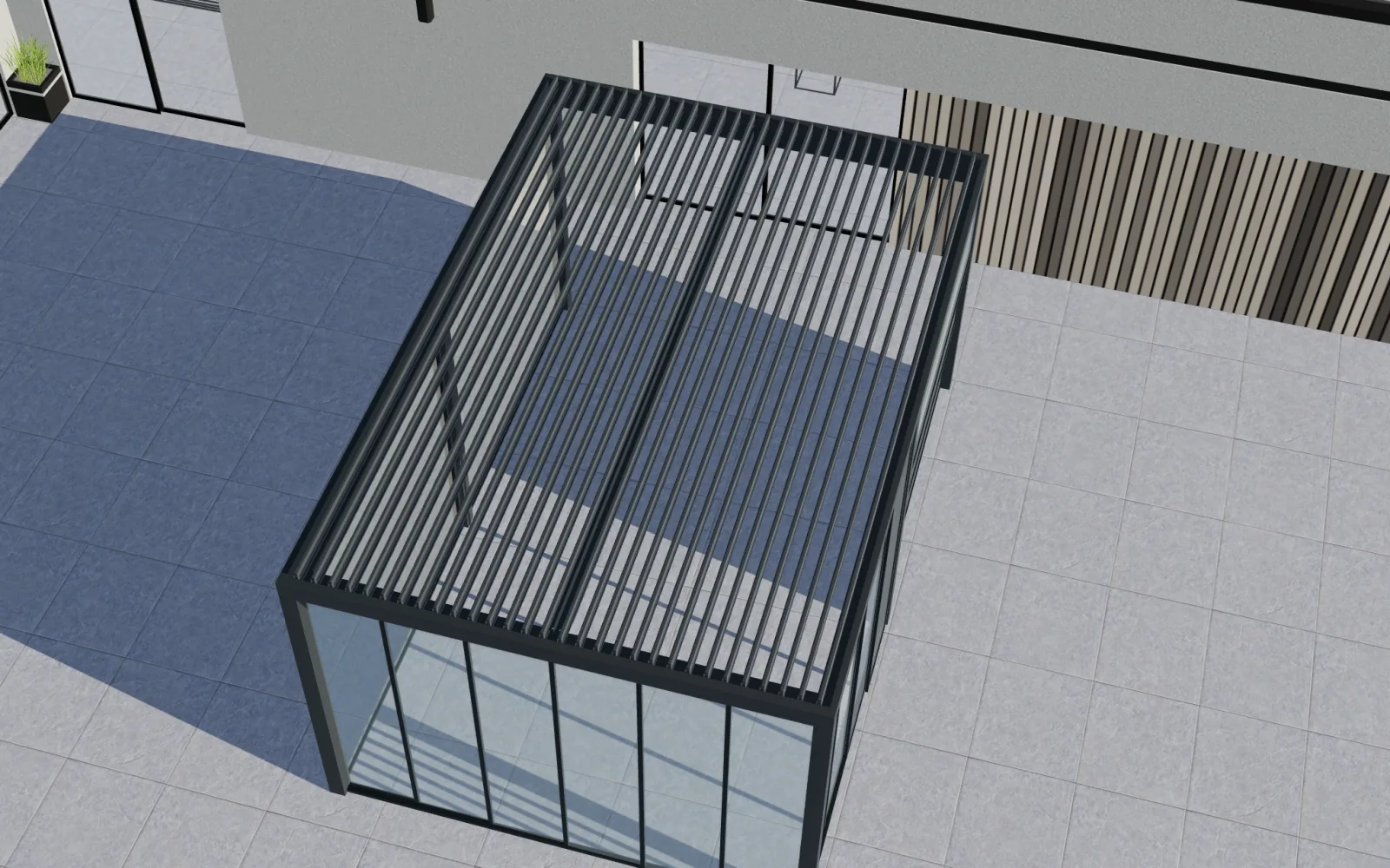 Vue de dessus des lames ouvertes dans le configurateur de pergolas bioclimatiques Configurix