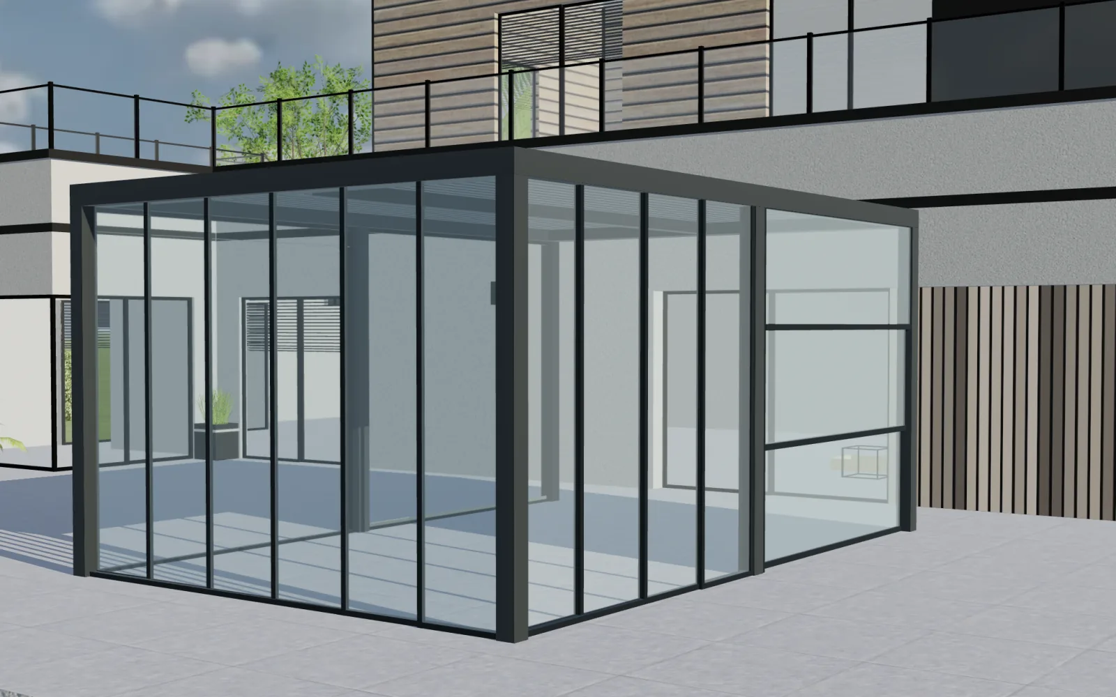 Pergola autoportante anthracite avec fermeture vitrée dans Configurix