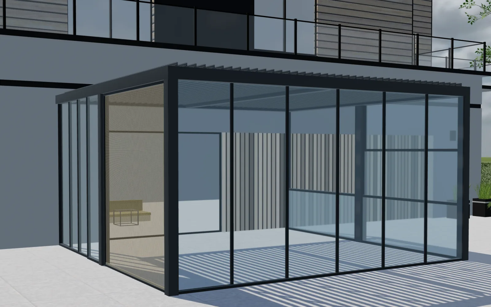 Verre coulissant fermé autour d'une pergola à persiennes illustrée dans Configurix