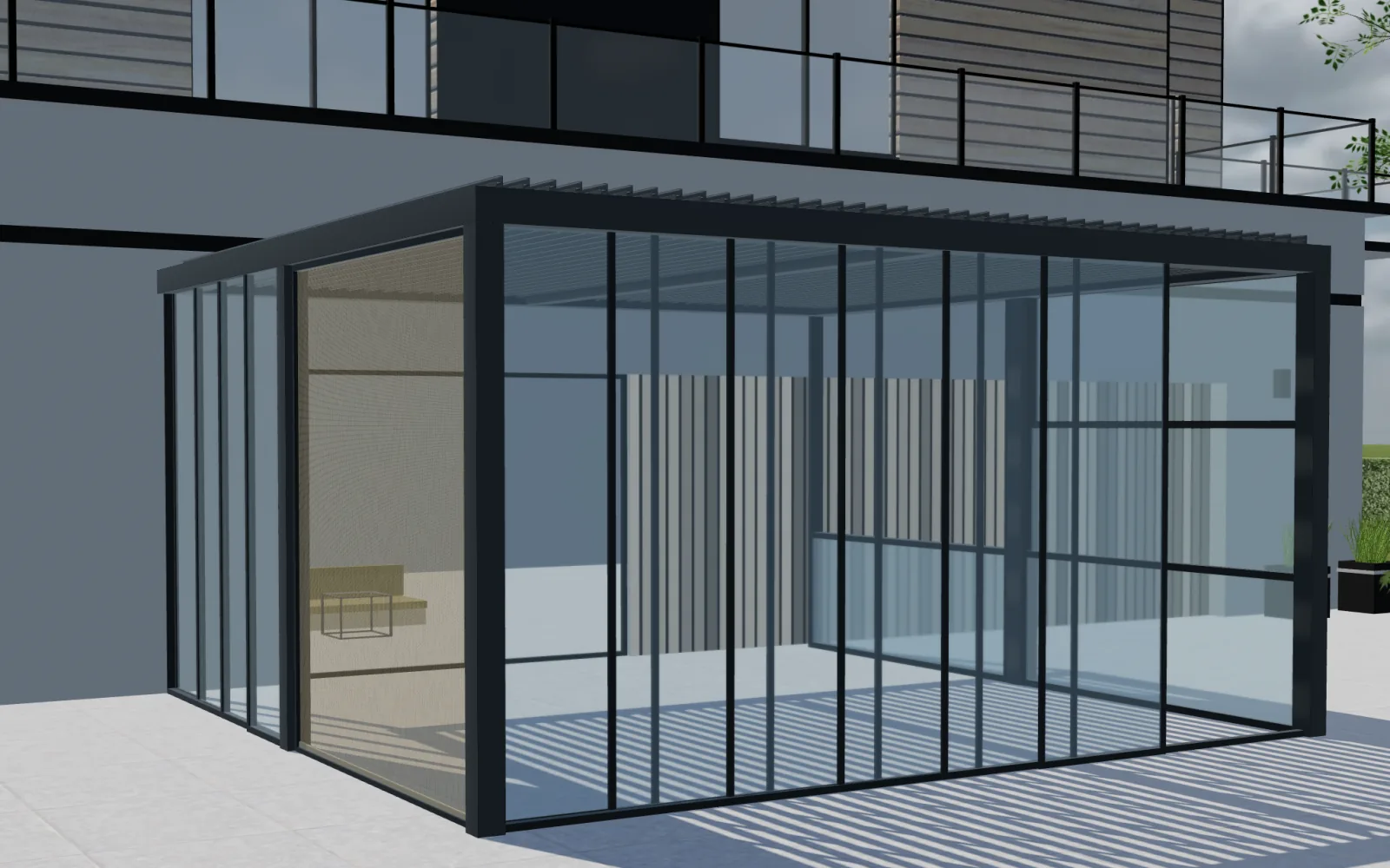 Pergola à lames avec panneaux vitrés coulissants dans Configurix 3D