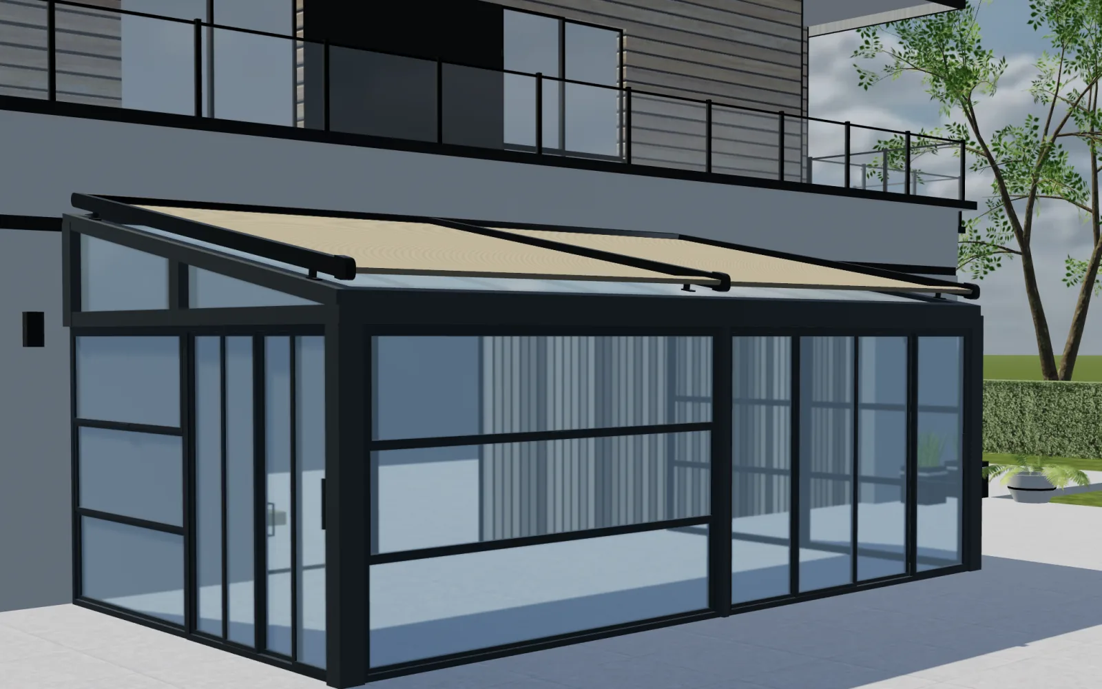 Auvent en tissu rétractable et cadre de pergola illustrés dans une vue de produit 3D Configurix