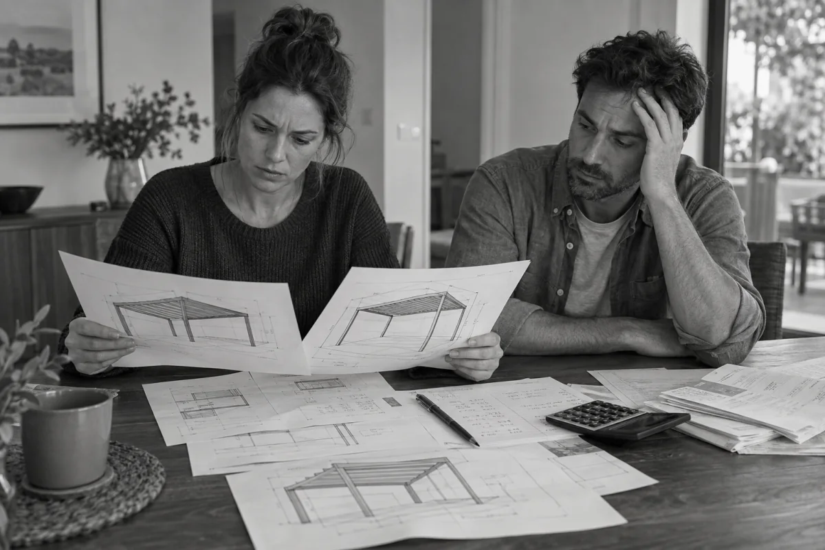 Scène illustrative : des clients frustrés comparent des plans de pergola, des documents et des prix calculés à la main.
