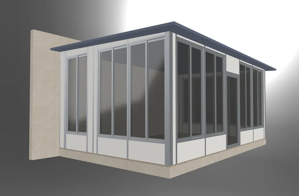 Rendu 3D d’une véranda avec structure blanche, parois vitrées et toit plein.