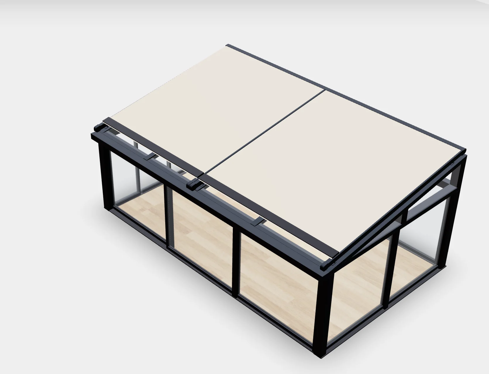 Configurateur 3D de vérandas et toitures vitrées Vue 3D d'une véranda sur mesure avec panneaux de toiture encadrés et parois vitrées coulissantes.